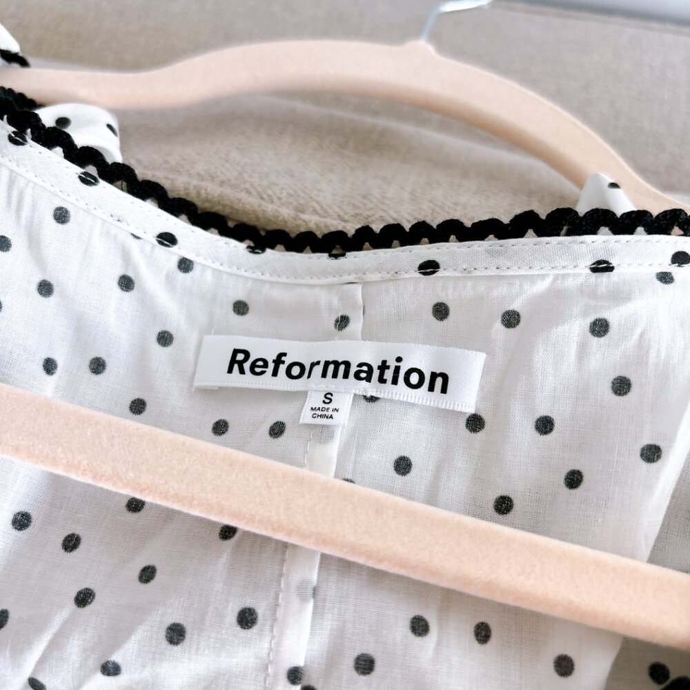 Reformation White Polka Dot Ruffle Cropped Top with Black Trim - Picture 5 of 5